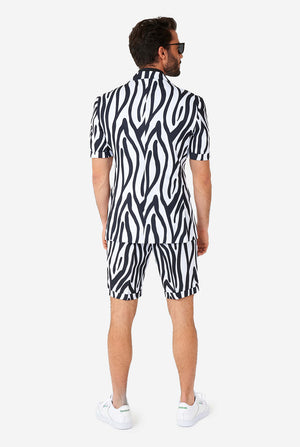 Man wearing summer suit with black and white zebra stripes