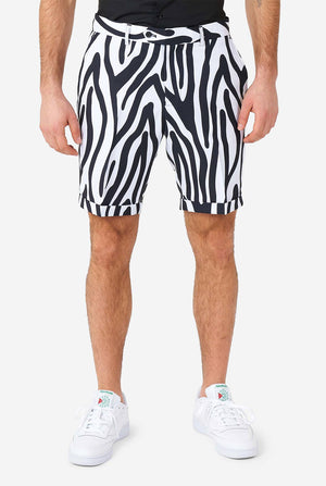 Man wearing summer suit with black and white zebra stripes