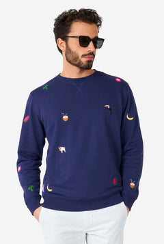 Man wearing blue sweater with summer icons