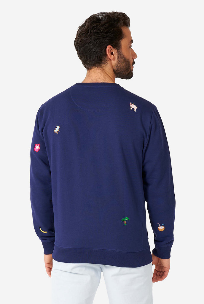 Man wearing blue sweater with summer icons