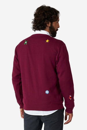 Man wearing burgundy red Christmas sweater with Christmas icons