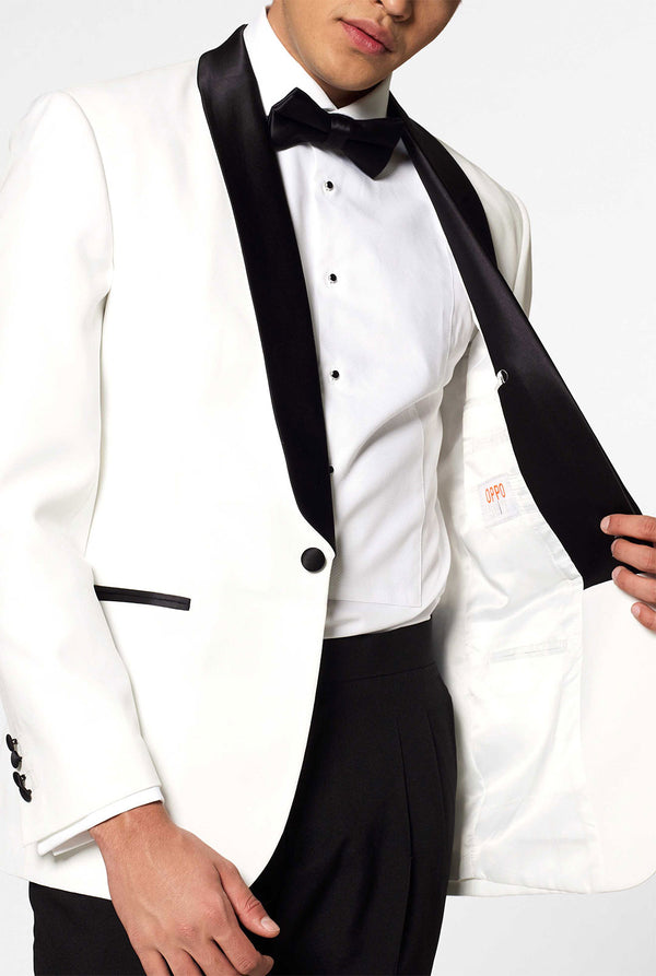 White with black tuxedo suit Pearly White worn by man closed up blazer