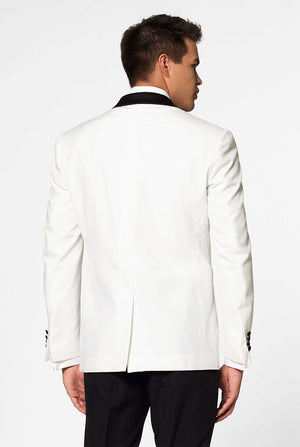 White with black tuxedo suit Pearly White worn by man closed up blazer