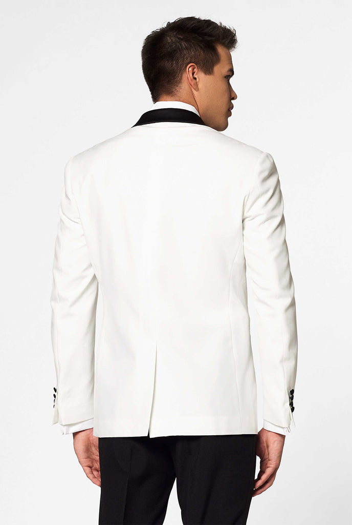 White with black tuxedo suit Pearly White worn by man closed up blazer