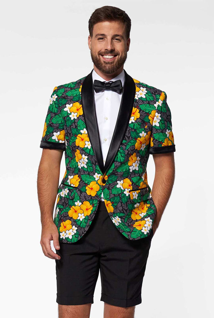 Man wearing summer tuxedo with flower print