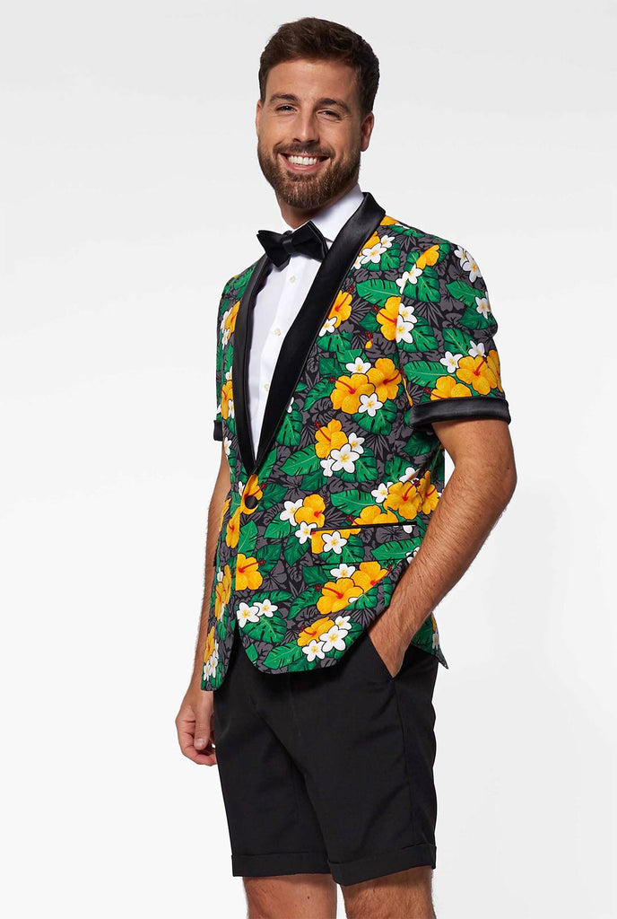Man wearing summer tuxedo with flower print