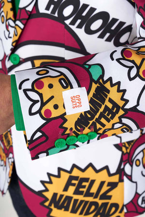 Man wearing Christmas blazer with Santa print