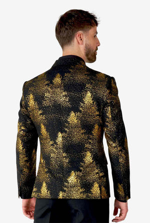 Man wearing black blazer with golden Christmas tree print