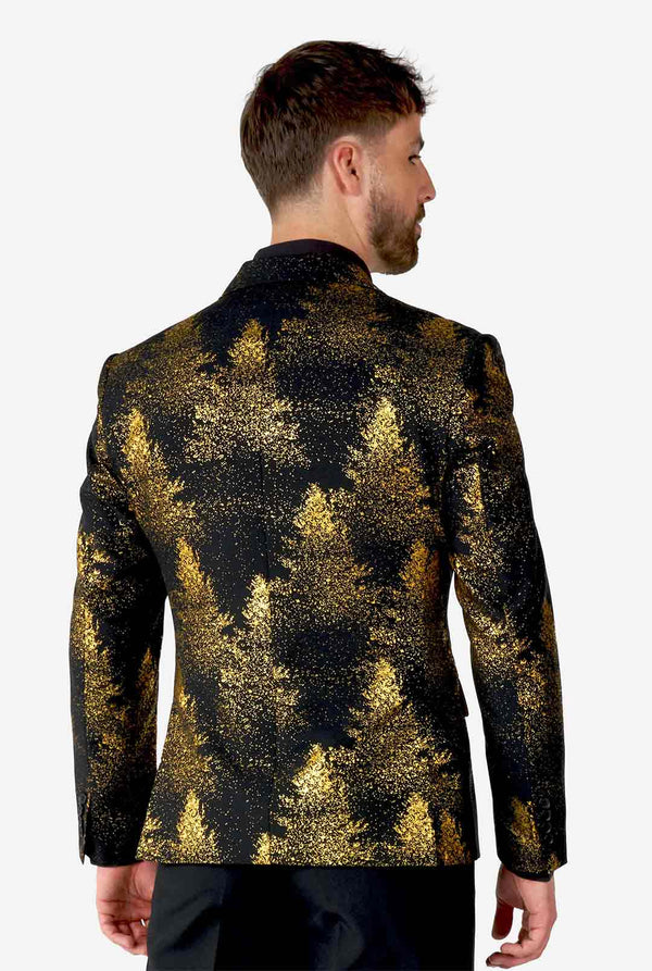 Man wearing black blazer with golden Christmas tree print