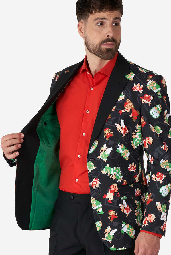 Man wearing black blazer with retro Super Mario characters print