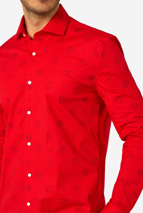 Man wearing red dress shirt with black outlined Christmas icons. Chest close up.