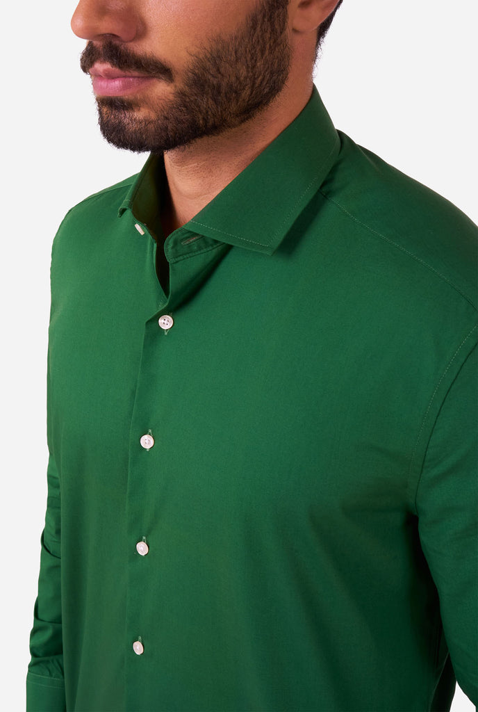Man wearing dark green men's shirt, close up