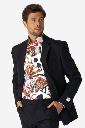 Man wearing dress shirt with playing card print