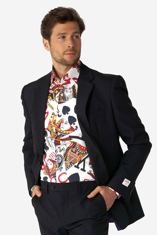 Man wearing dress shirt with playing card print