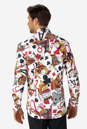 Man wearing dress shirt with playing card print