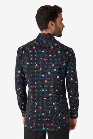 Man wearing black dress shirt with Pac-Man print