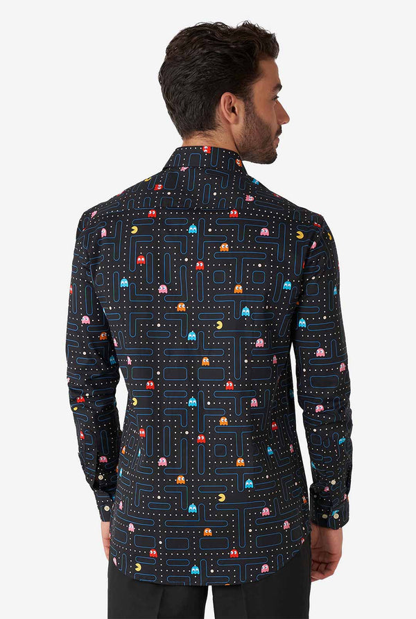 Man wearing black dress shirt with Pac-Man print