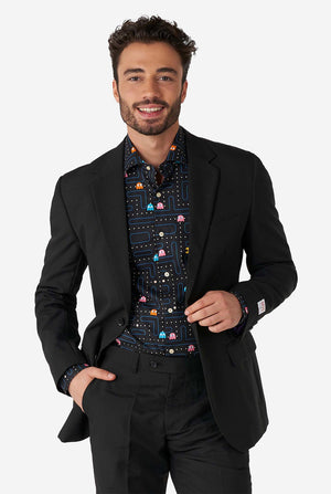 Man wearing black dress shirt with Pac-Man print