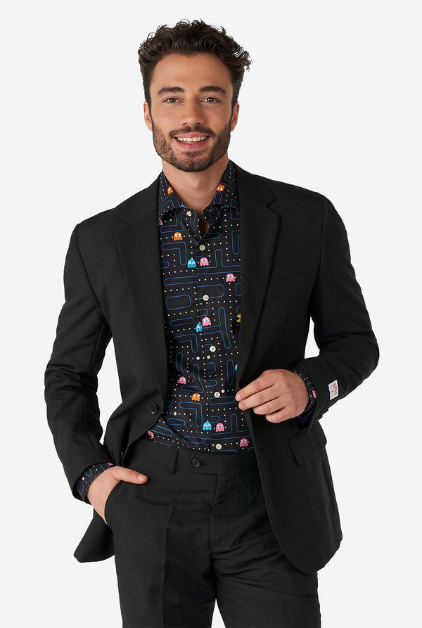 Man wearing black dress shirt with Pac-Man print