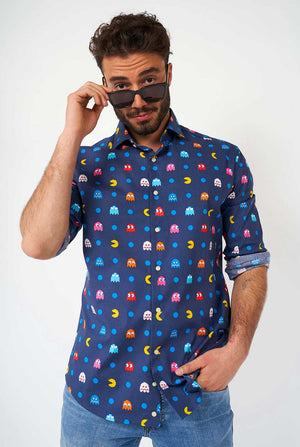 Man wearing blue dress shirt with Pac-Man icons