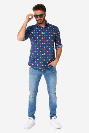 Man wearing blue dress shirt with Pac-Man icons