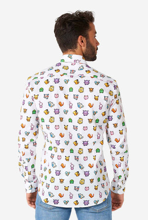 Man wearing white dress shirt with Pokemon icons