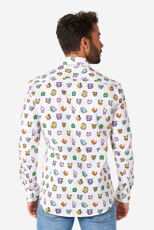 Man wearing white dress shirt with Pokemon icons
