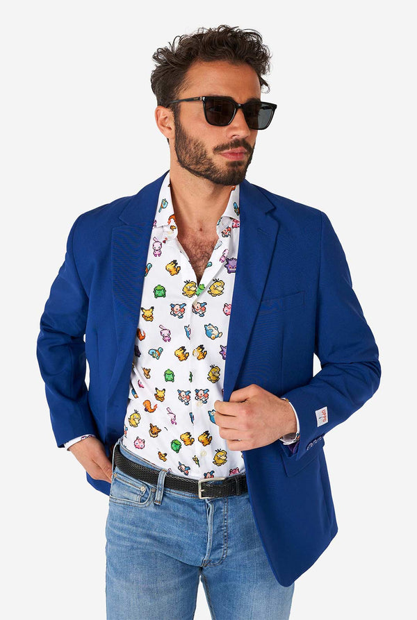 Man wearing white dress shirt with Pokemon icons