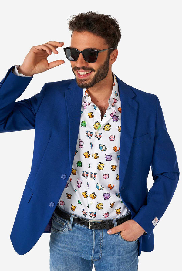 Man wearing white dress shirt with Pokemon icons