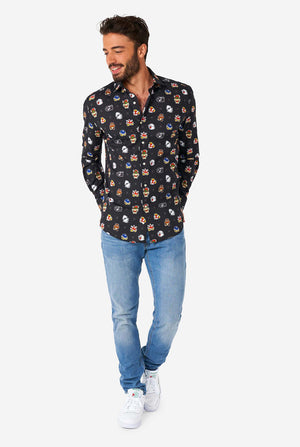 Man wearing black dress shirt with Super Mario bad guys icons