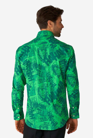 Man wearing green dress shirt with The Joker print