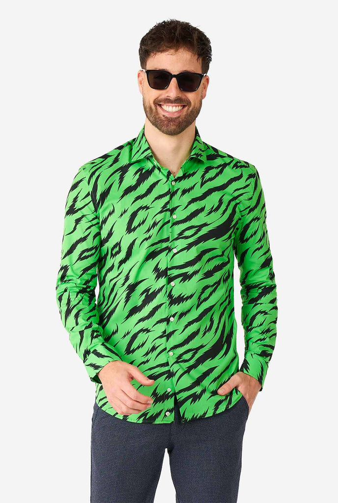 Man wearing neon green dress shirt with tiger stripes 