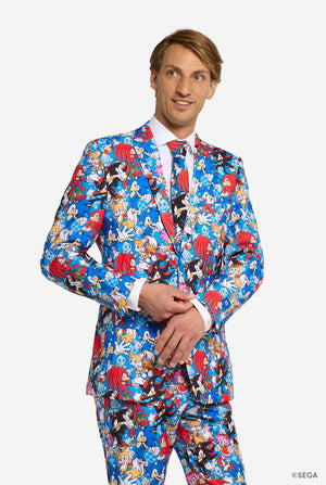 Man wearing colorful mens suit with Sonic the Hedgehog print.