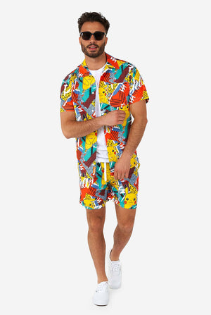 Man wearing colorful summer shorts and shirt with Pikachu Pokemon print