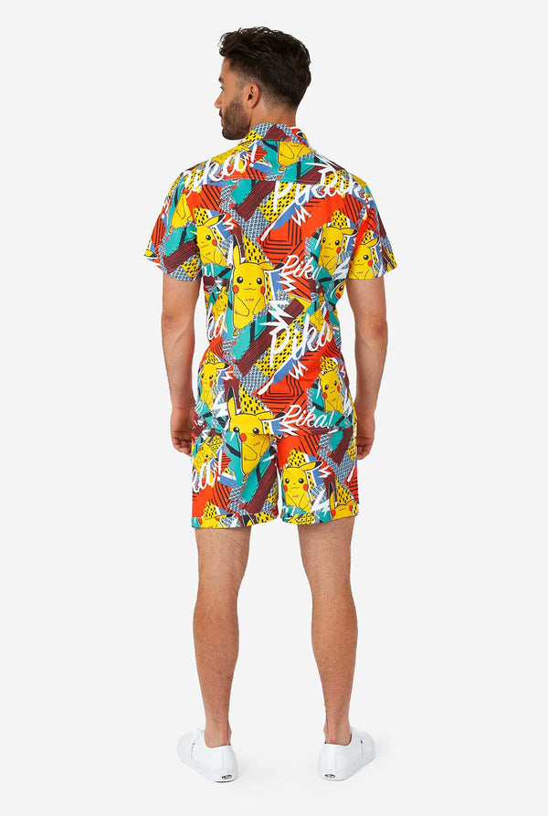 Man wearing colorful summer shorts and shirt with Pikachu Pokemon print