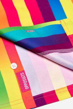 Image of a vertically striped rainbow-colored summer set, consisting of shirt and shorts. Close-up of the shirt. 