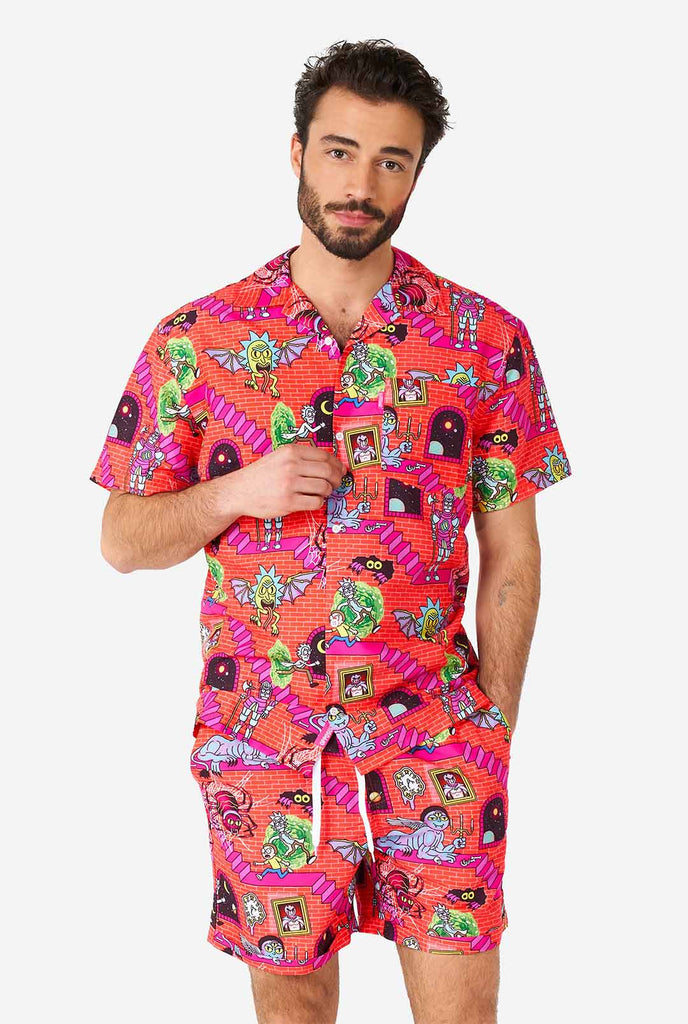 Man wearing summer outfit, consisting of short and shirt, with Rick and Morty print