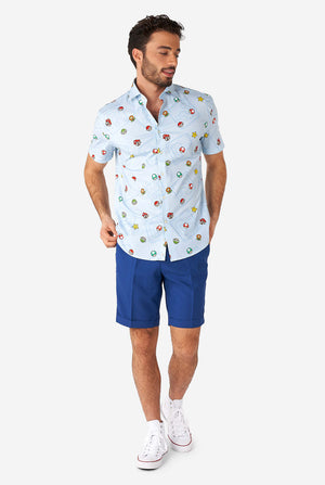 Men wearing blue summer shirt with Super Mario icons