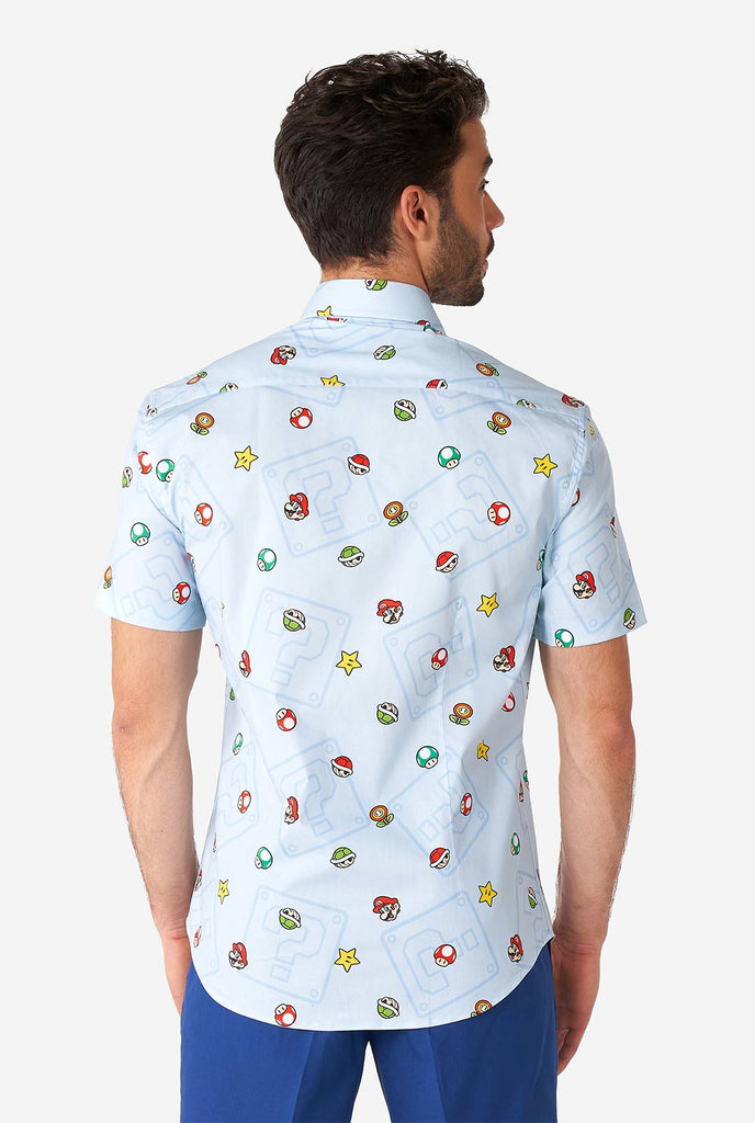 Men wearing blue summer shirt with Super Mario icons