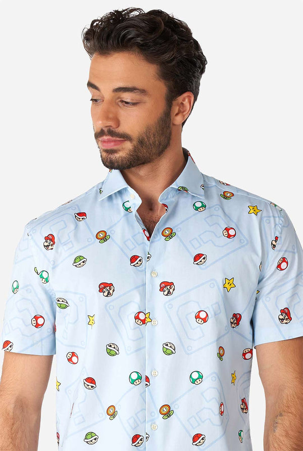 Men wearing blue summer shirt with Super Mario icons