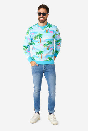 Man wearing blue sweater with tropical flamingo print