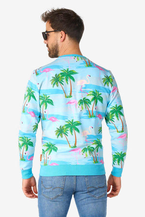 Man wearing blue sweater with tropical flamingo print