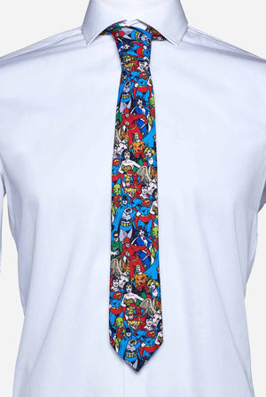 Multi color tie with DC Comics characters, like Batman and Superman on it