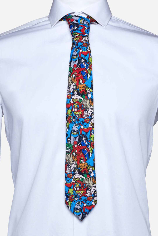 Multi color tie with DC Comics characters, like Batman and Superman on it