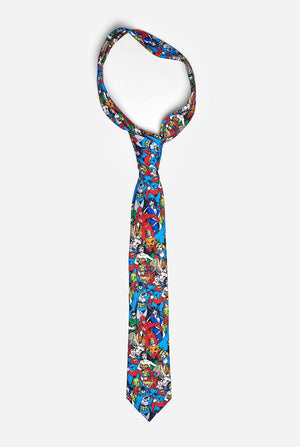 Multi color tie with DC Comics characters, like Batman and Superman on it