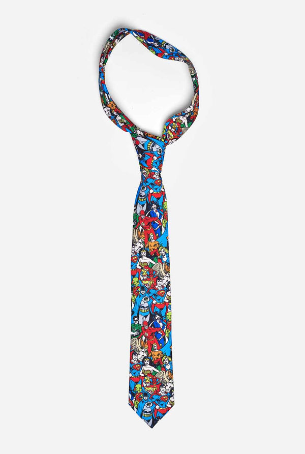 Multi color tie with DC Comics characters, like Batman and Superman on it