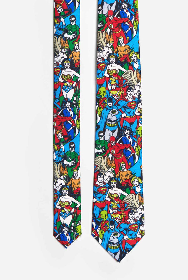 Multi color tie with DC Comics characters, like Batman and Superman on it