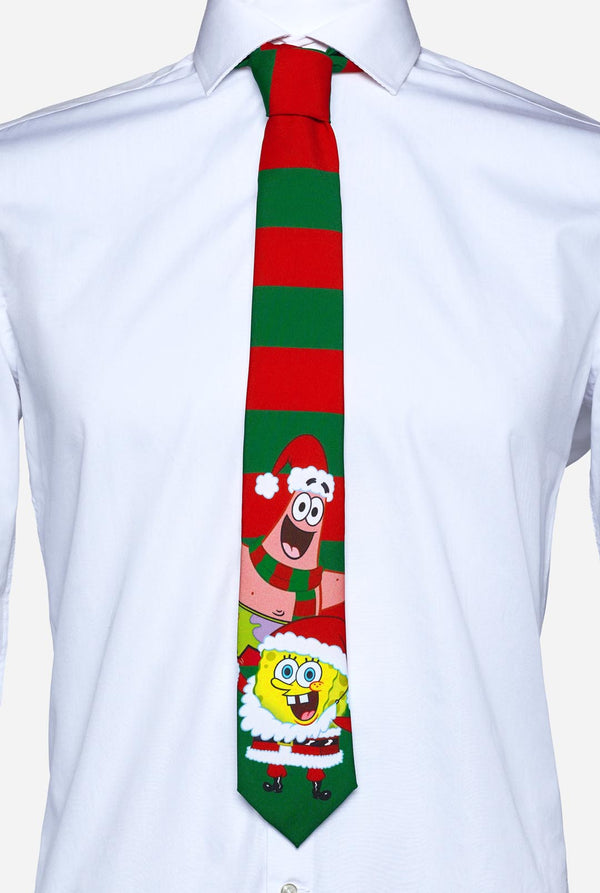Green and red striped Christmas tie with Spongebob and Patrick print
