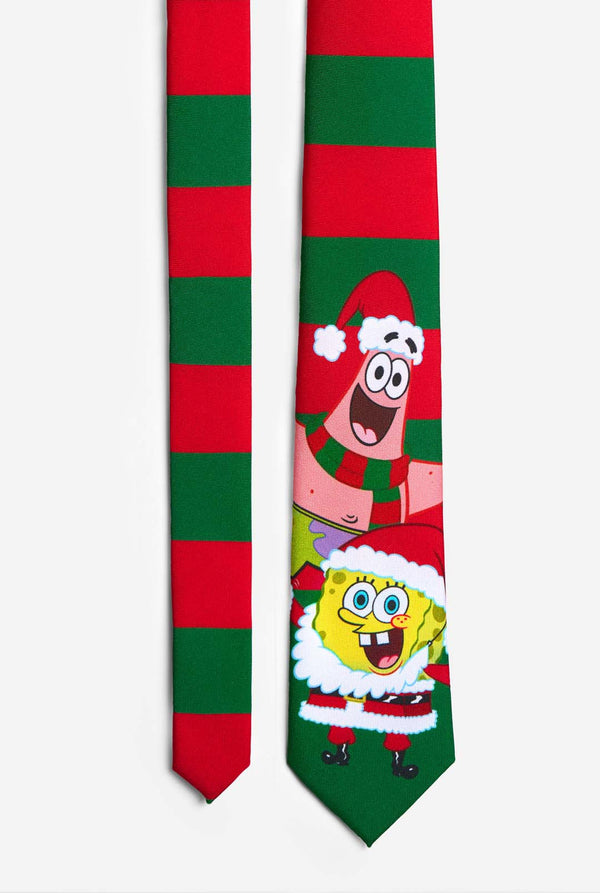 Green and red striped Christmas tie with Spongebob and Patrick print