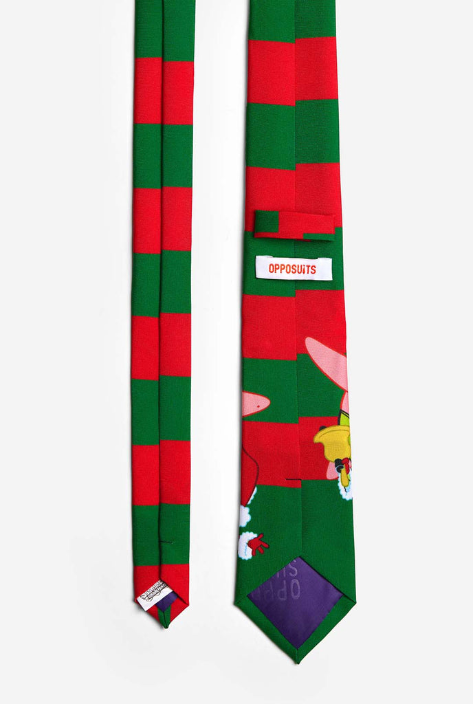 Green and red striped Christmas tie with Spongebob and Patrick print